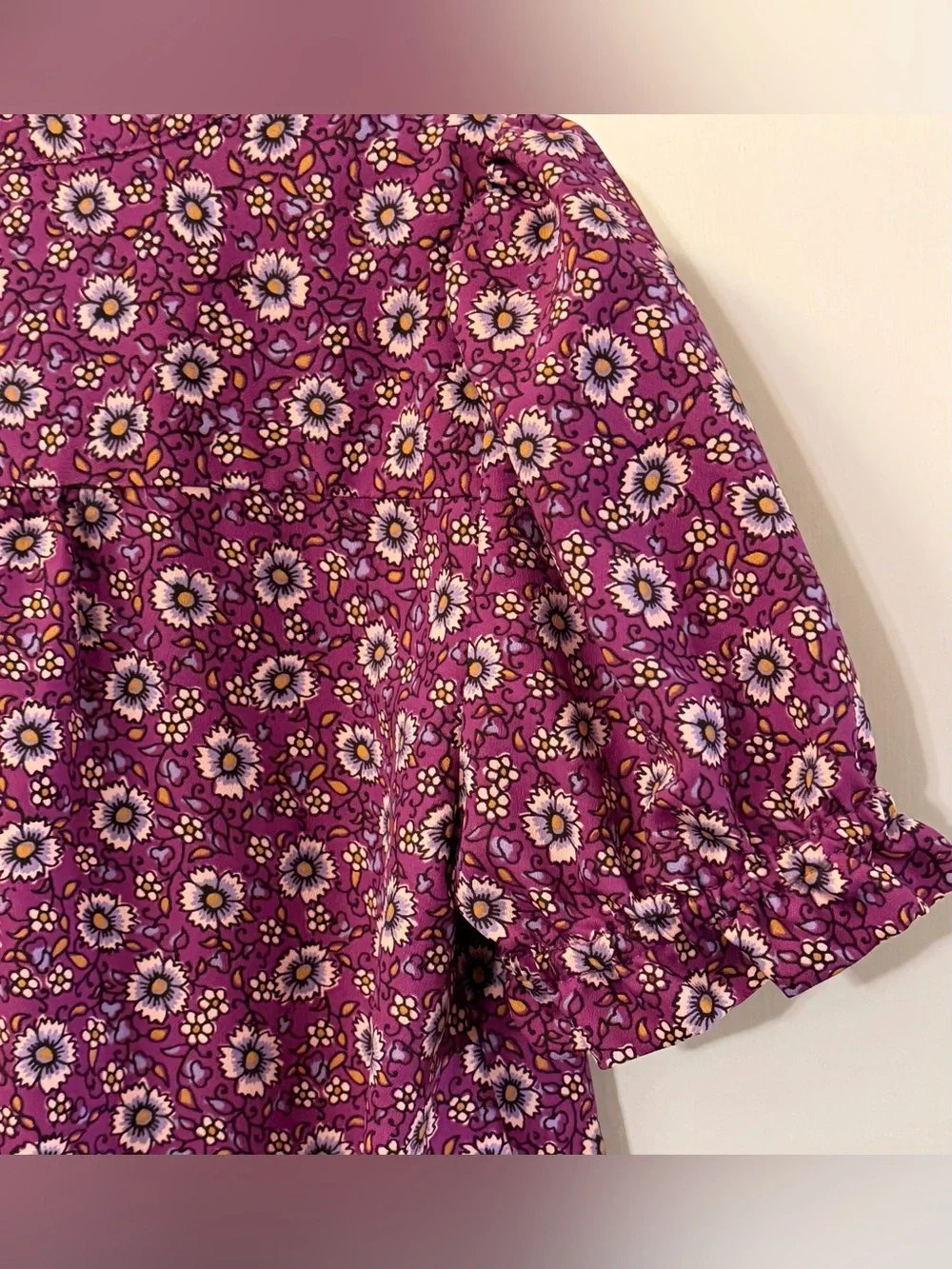 J. Crew Purple Floral Button-Front Puff Sleeve Top